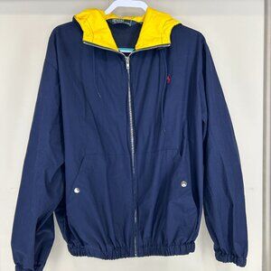 VTG Polo Ralph Lauren Full Zip Jacket Navy Blue Yellow Hood Red Pony Men's L  Dr